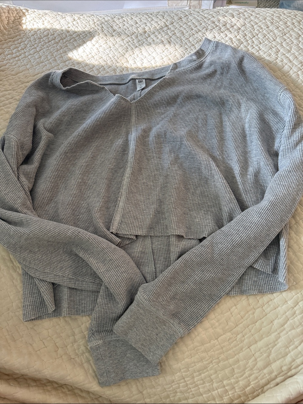 bp Light Gray Ribbed V-Neck Cropped Sweatshirt